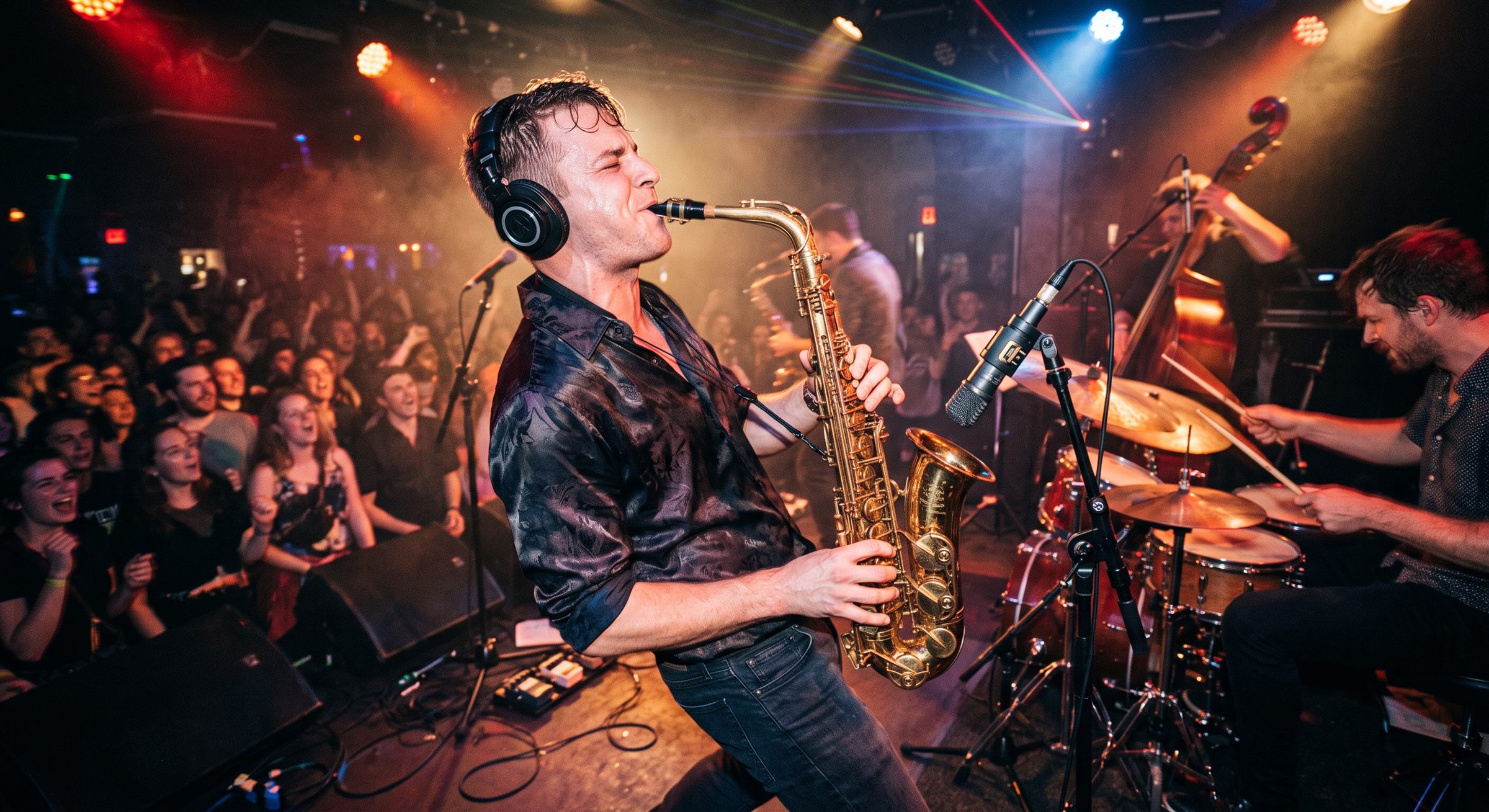 A saxophonist playing with a band on stage